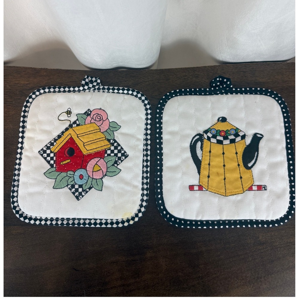 VTG Mary Engelbreit Home Set of TWO 8" Square Potholders Teapot Birdhouse